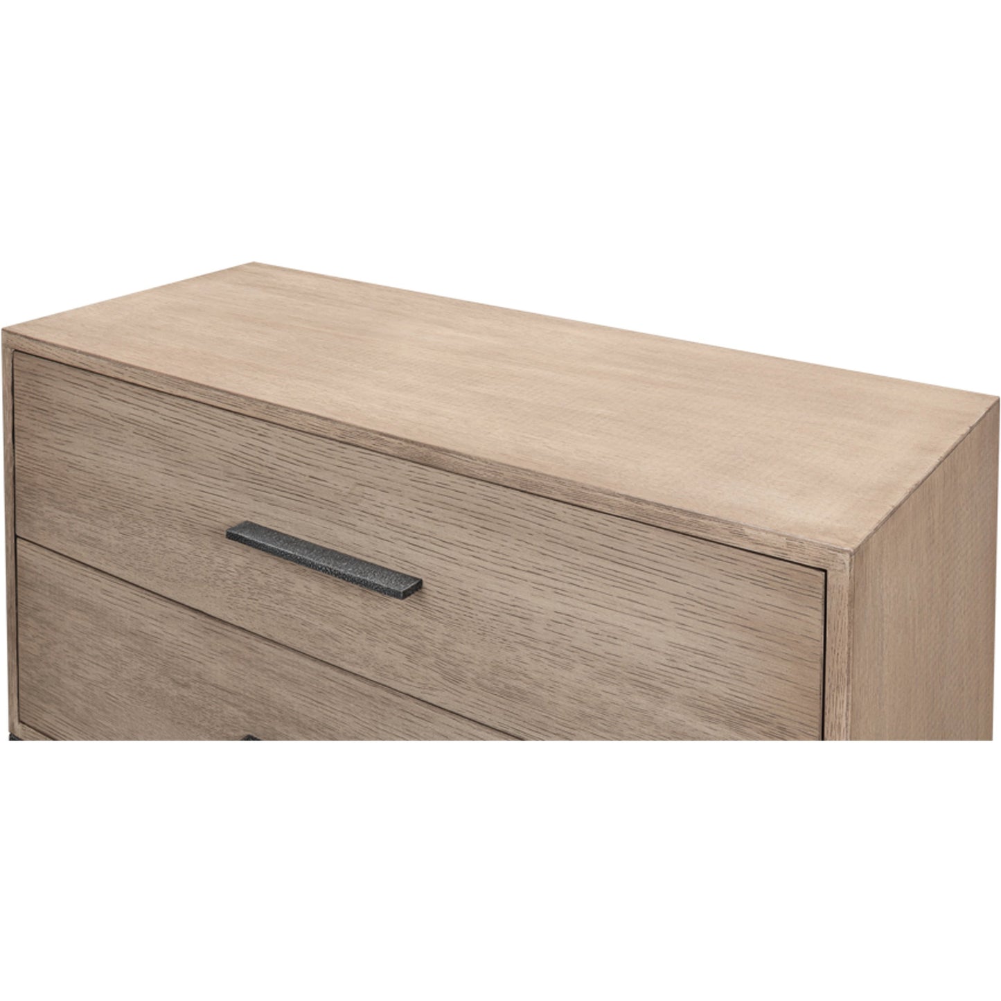 005 SI-1998229 | Closeup | Vineyards Two Drawer Chest by Sarreid Ltd. in flaky pine. Made from pine veneer, hand forged iron in a modern style.