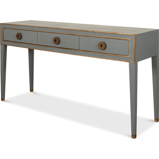 Gabriella Console by Sarreid Ltd. in storm grey. Made from wood, embossed shagreen leather in a modern style.