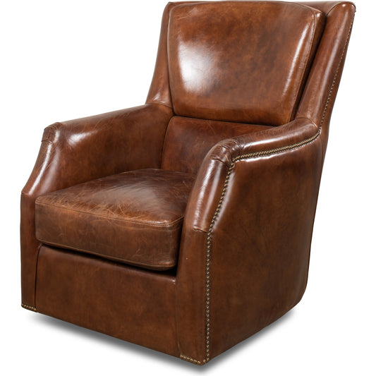 Baker Leather Swivel Chair by Sarreid Ltd.. Made from wood, nailhead, leather in a transitional style.