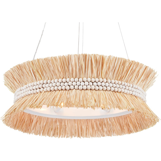 Seychelles Chandelier by Currey and Company in sugar white, natural raffia. Made from wrought iron, raffia, wood beads in a coastal style.