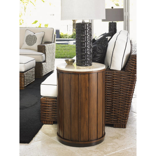 Fiji Drum Table With Stone Top by Tommy Bahama Home in bali. Made from hickory, fabric in a unique style.