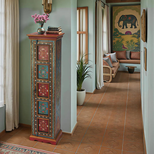 Amir Hand Painted Tall Cabinet by Butler Specialty Company in multi-color and artifacts. Made from merranti wood solids, mdf, hand painted design in a eclectic & global style.