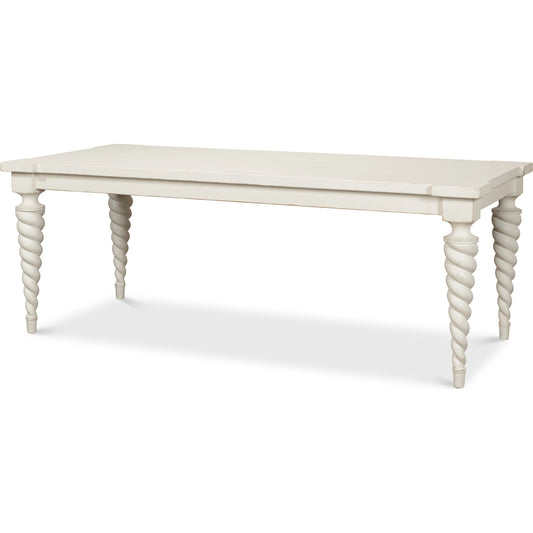 Teagan Dining Table by Sarreid Ltd. in antique white. Made from reclaimed pine in a traditional style.