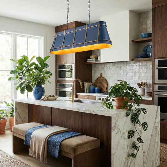Brasserie 5 Light Linear by Varaluz in blue. Made from steel in a unique style.