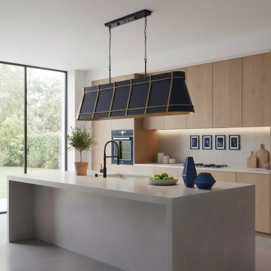 Brasserie 6 Light Linear by Varaluz in blue. Made from steel in a unique style.