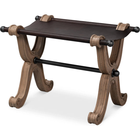 Joyner Equestrian Bench by Sarreid Ltd. in brown. Made from beechwood, leather in a traditional style.