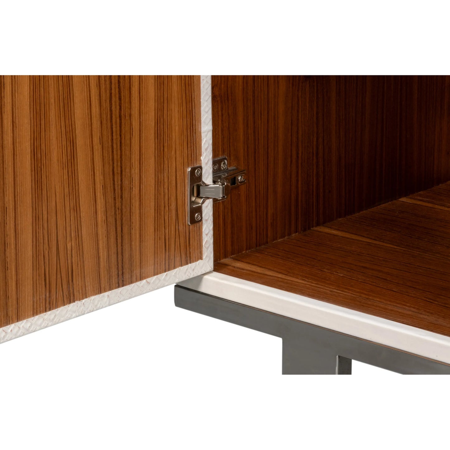 004 SI-2447884 | Additional Silo | Bronzini Credenza, Small by Sarreid Ltd. in white. Made from leather covered mdf, iron base, embossed white leather in a unique style.
