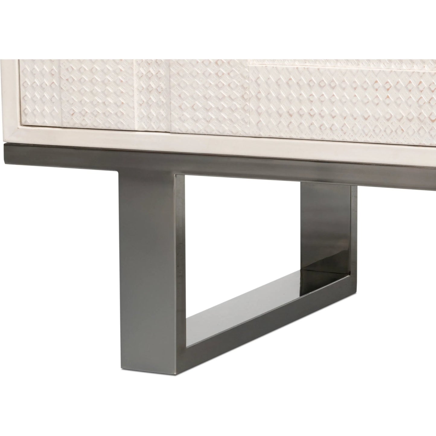 005 SI-2447884 | Additional Silo | Bronzini Credenza, Small by Sarreid Ltd. in white. Made from leather covered mdf, iron base, embossed white leather in a unique style.