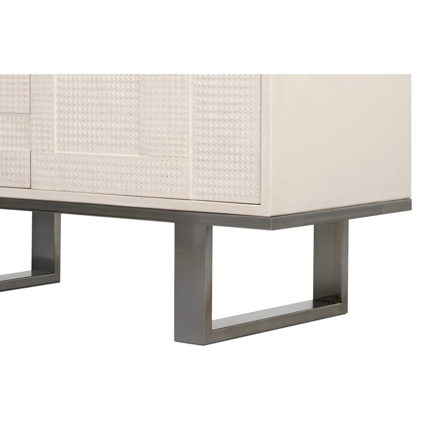 006 SI-2447884 | Additional Silo | Bronzini Credenza, Small by Sarreid Ltd. in white. Made from leather covered mdf, iron base, embossed white leather in a unique style.