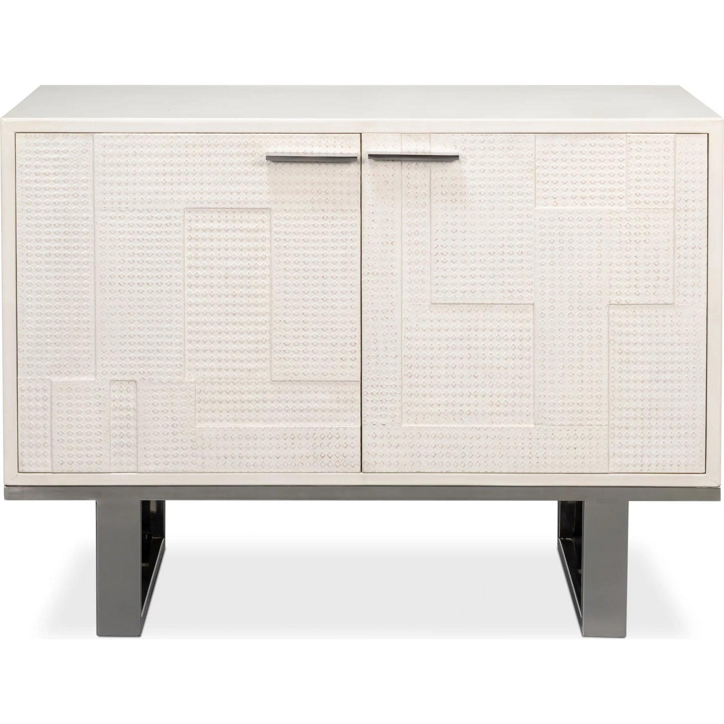 007 SI-2447884 | Additional Silo | Bronzini Credenza, Small by Sarreid Ltd. in white. Made from leather covered mdf, iron base, embossed white leather in a unique style.