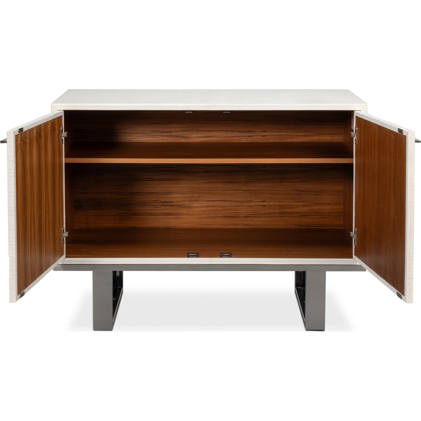 008 SI-2447884 | Additional Silo | Bronzini Credenza, Small by Sarreid Ltd. in white. Made from leather covered mdf, iron base, embossed white leather in a unique style.