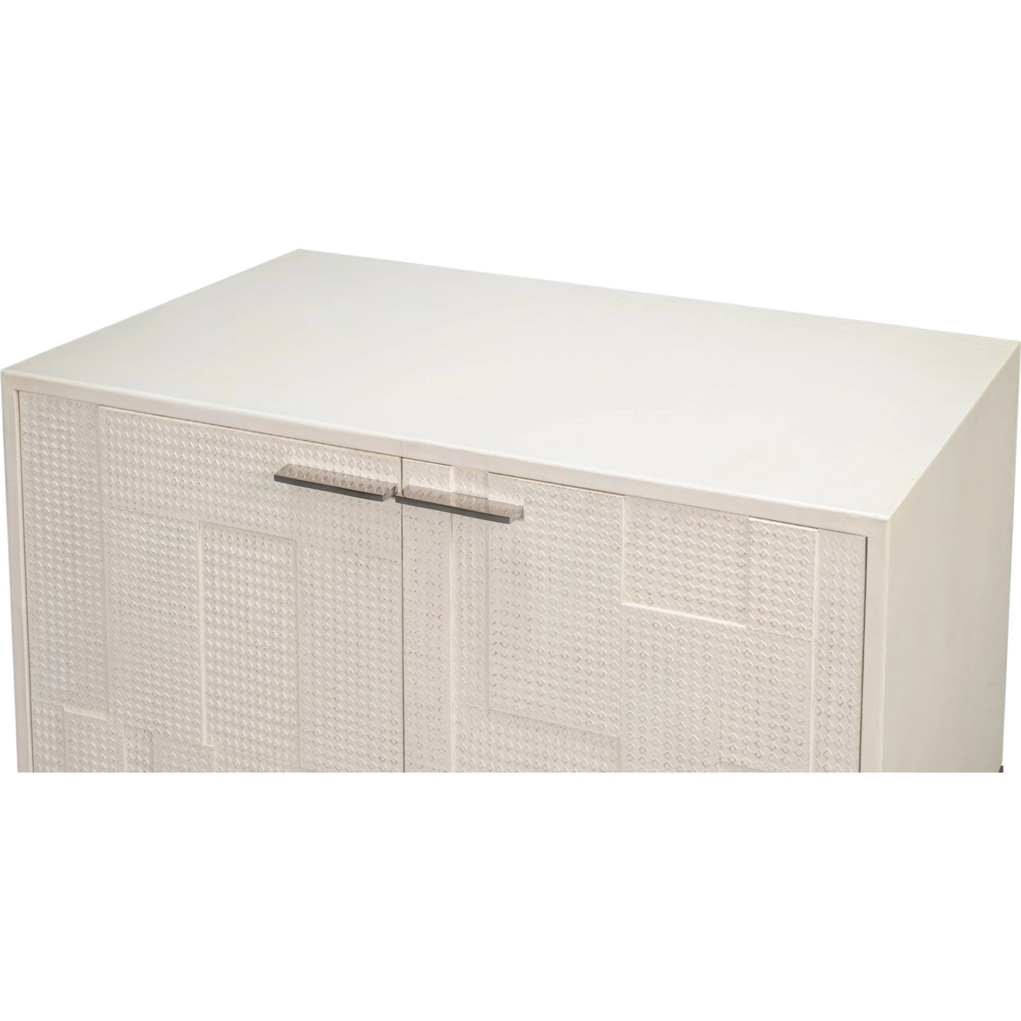 009 SI-2447884 | Additional Silo | Bronzini Credenza, Small by Sarreid Ltd. in white. Made from leather covered mdf, iron base, embossed white leather in a unique style.