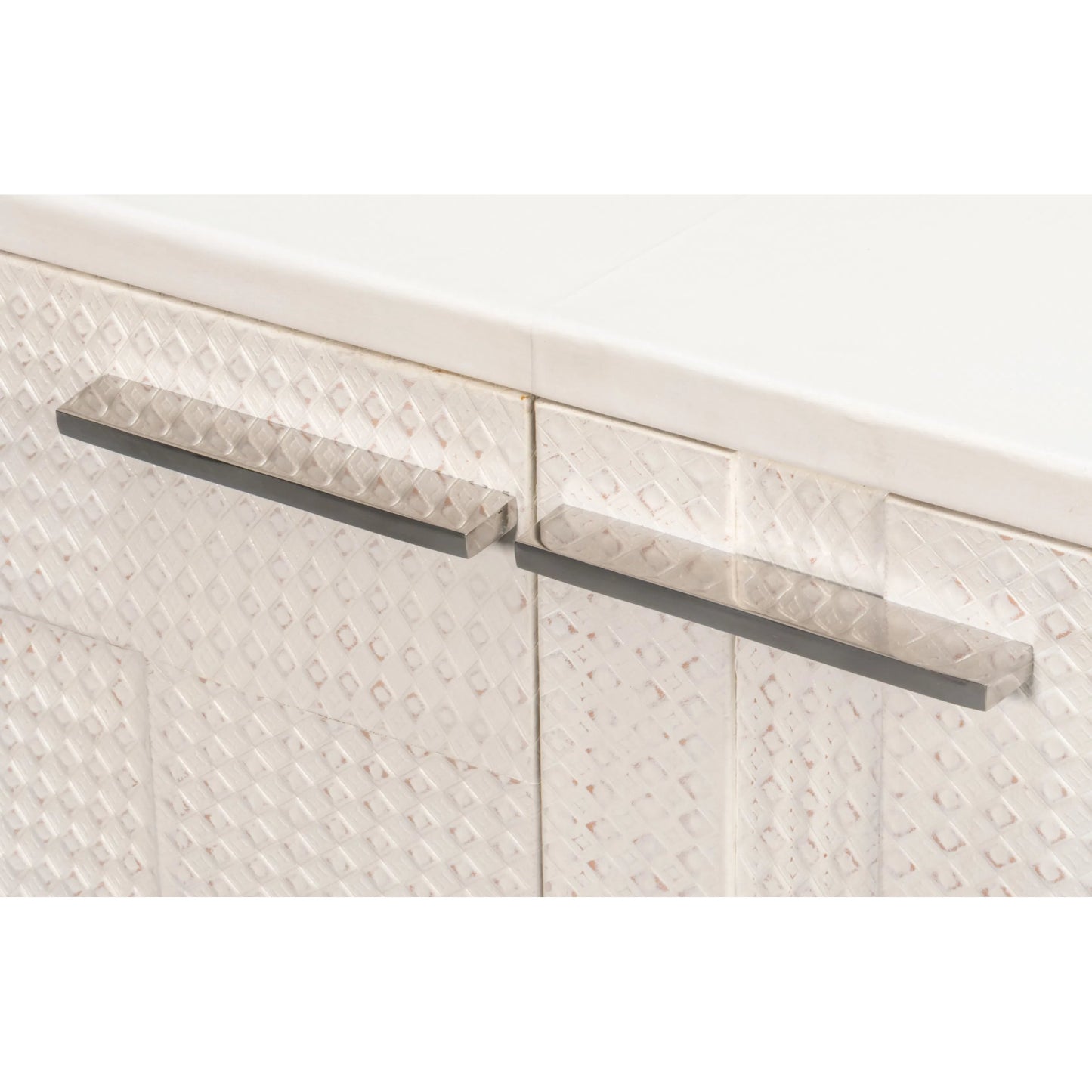 011 SI-2447884 | Additional Silo | Bronzini Credenza, Small by Sarreid Ltd. in white. Made from leather covered mdf, iron base, embossed white leather in a unique style.