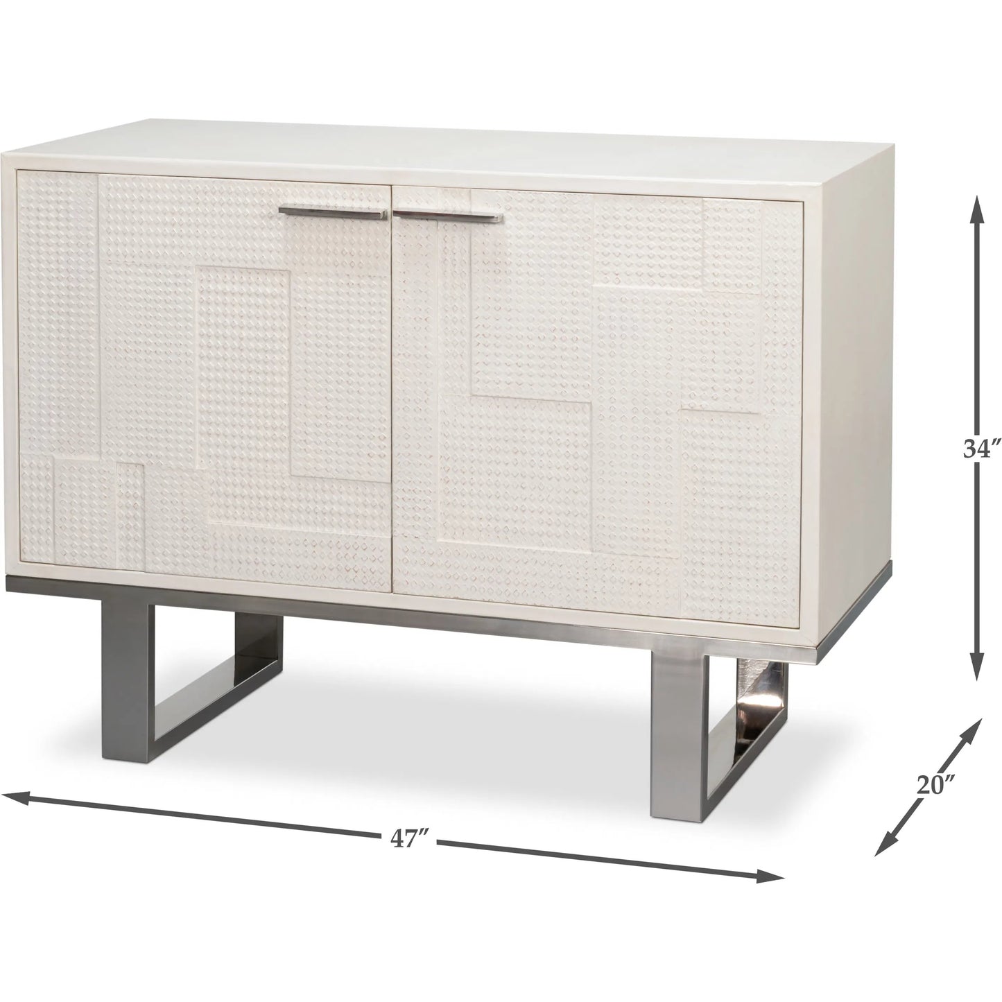012 SI-2447884 | Unknown | Bronzini Credenza, Small by Sarreid Ltd. in white. Made from leather covered mdf, iron base, embossed white leather in a unique style.