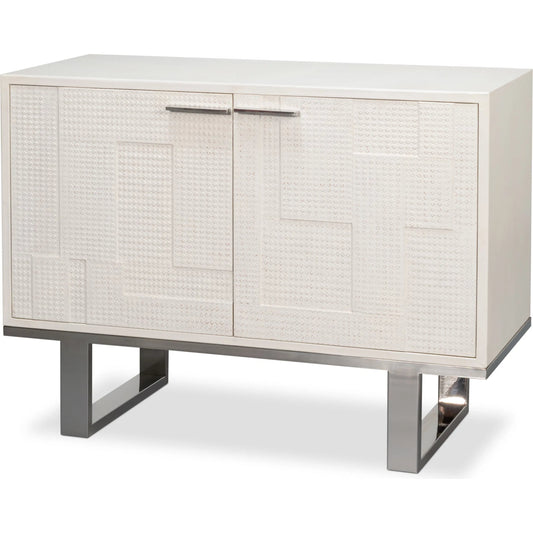 Bronzini Credenza, Small by Sarreid Ltd. in white. Made from leather covered mdf, iron base, embossed white leather in a transitional style.