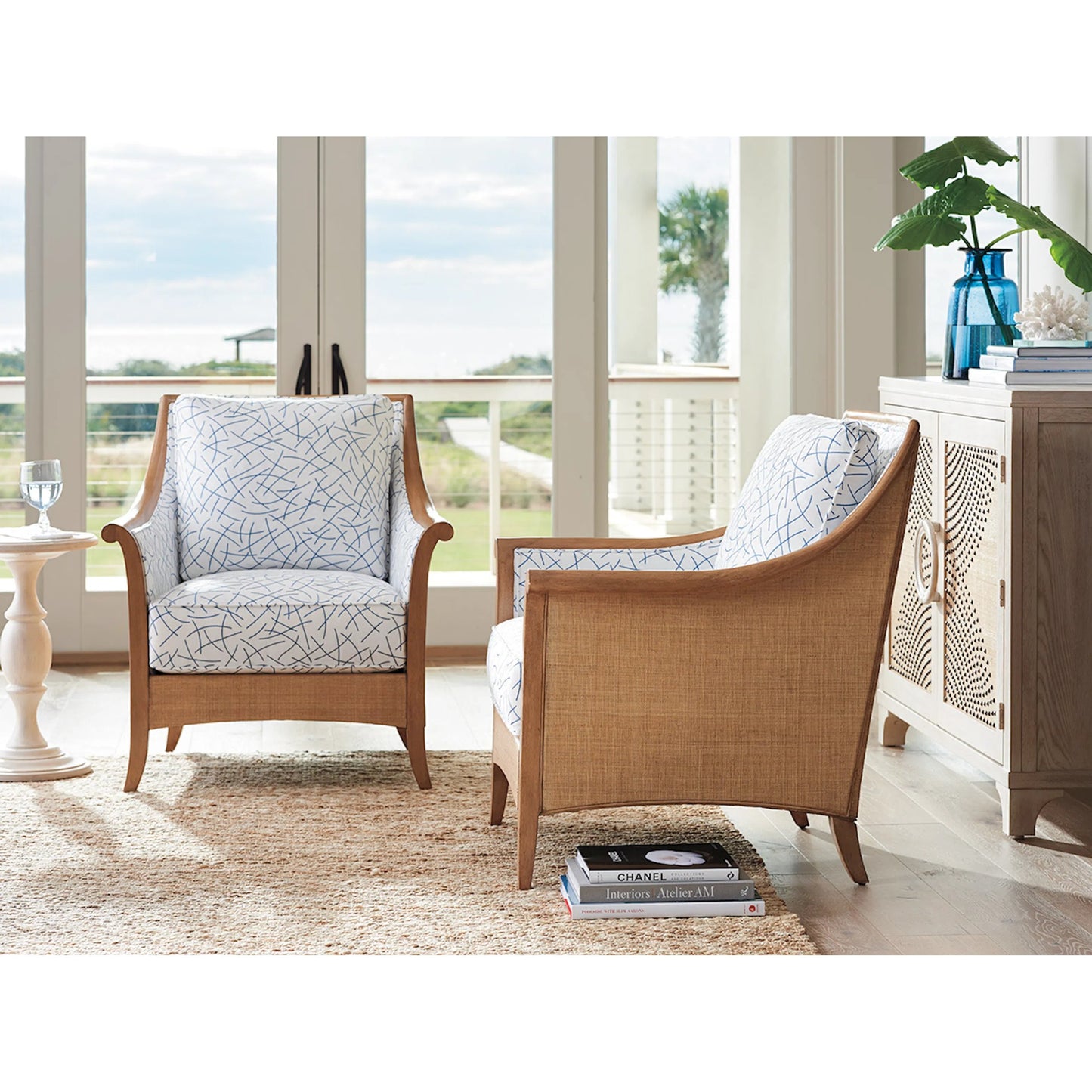 003 SI-2540439 | Lifestyle | Nantucket Chair by Barclay Butera in green. Made from mahogany, fabric in a unique style.