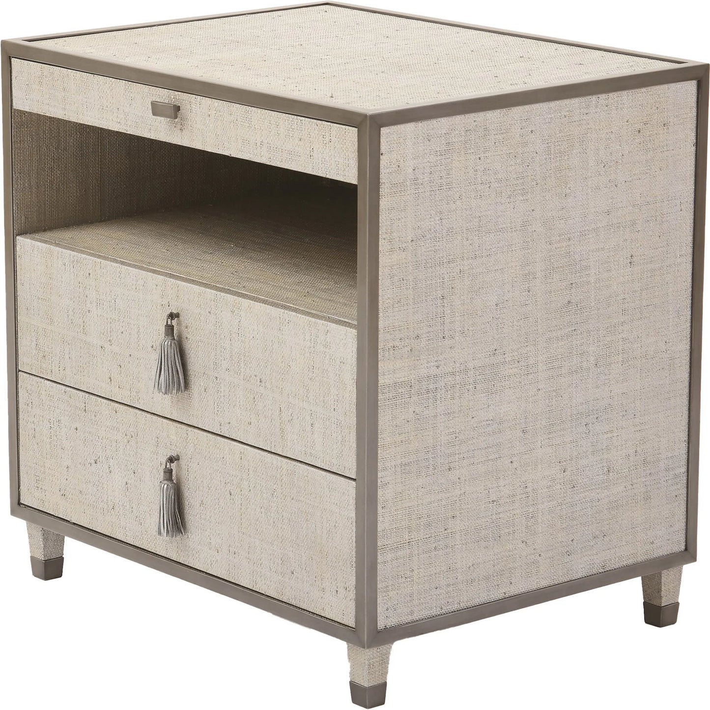 013 SR-700748 | Additional Silo | Argento Bedside Chest by Global Views in pewter. Made from acacia, beech, mdf, poplar, raffia, steel in a transitional style.