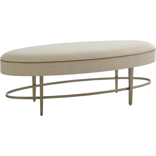 033 SR-701131 | Primary Silo | Ellipse Bench by Global Views in ivory, painted stainless steel. Made from mdf, stainless steel, leather, oak veneer in a transitional style.