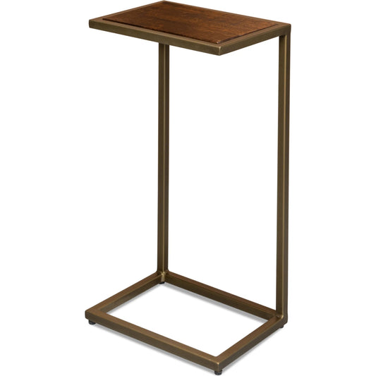 Pablon End Table by Sarreid Ltd. in brown. Made from iron, mango wood top, brown top with gold base in a modern style.