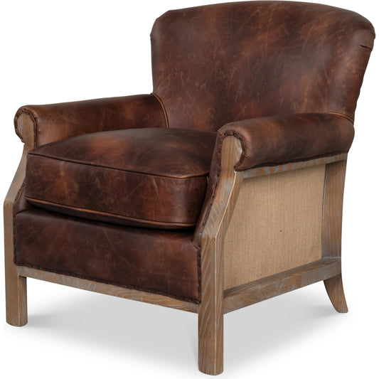 Benjamin Chair by Sarreid Ltd. in brown. Made from top grain leather, ash, 100% jute in a traditional style.
