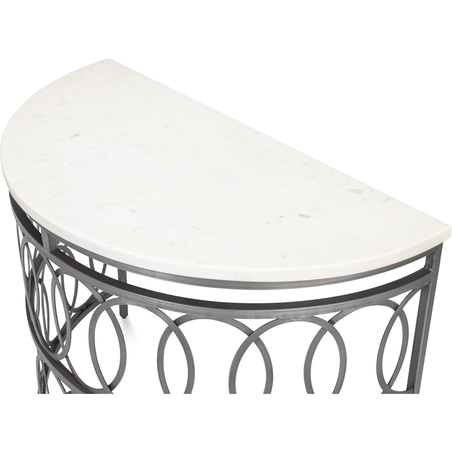 012 SI-2372548 | Closeup | Olympia Demilune Table by Sarreid Ltd. in old iron. Made from iron, white banswara marble top in a unique style.