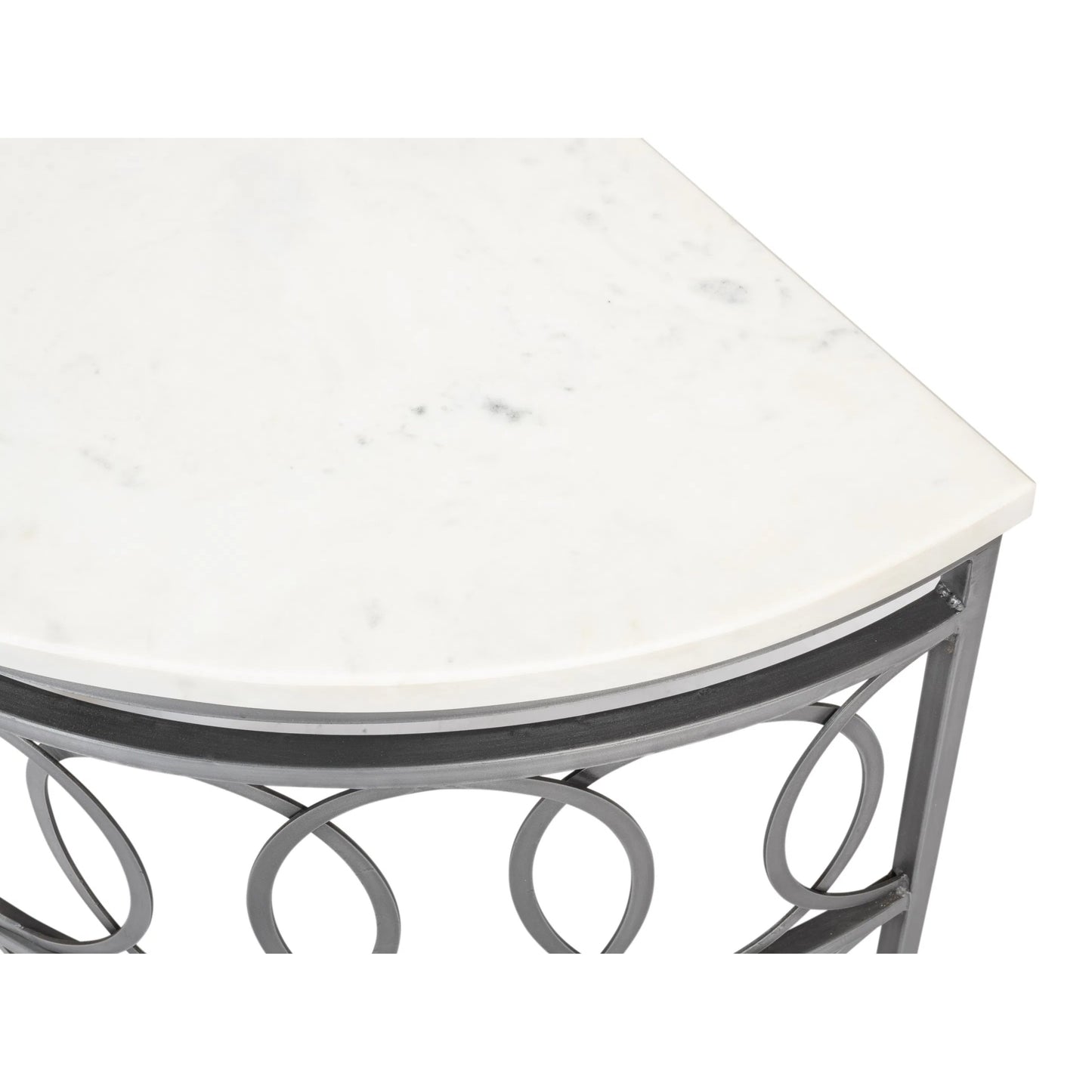 008 SI-2372548 | Closeup | Olympia Demilune Table by Sarreid Ltd. in old iron. Made from iron, white banswara marble top in a unique style.