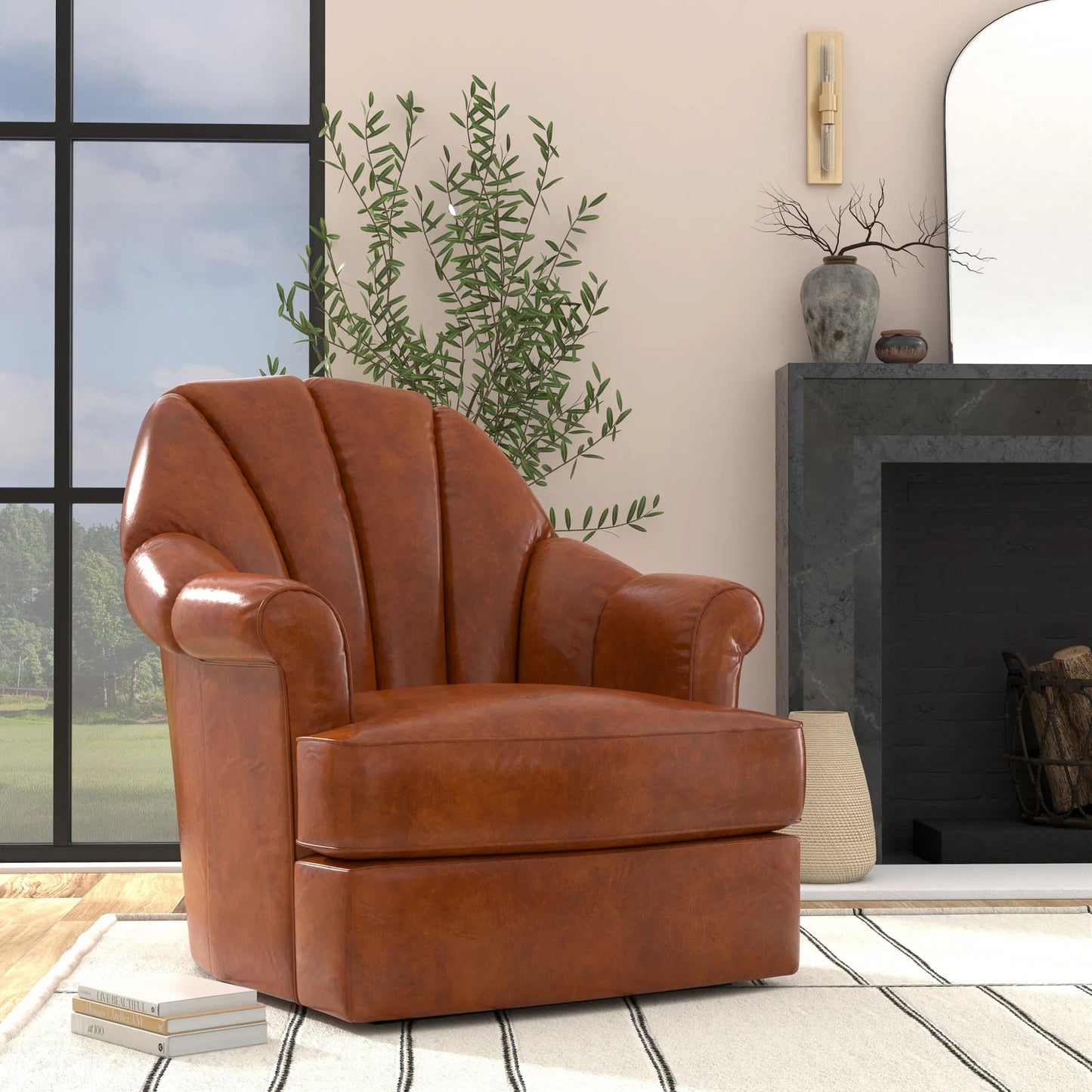 014 SI-2372571 | Lifestyle | Scoth Swivel Chair in Distilled Leather by Sarreid Ltd. in havana brown. Made from leather in a traditional style.