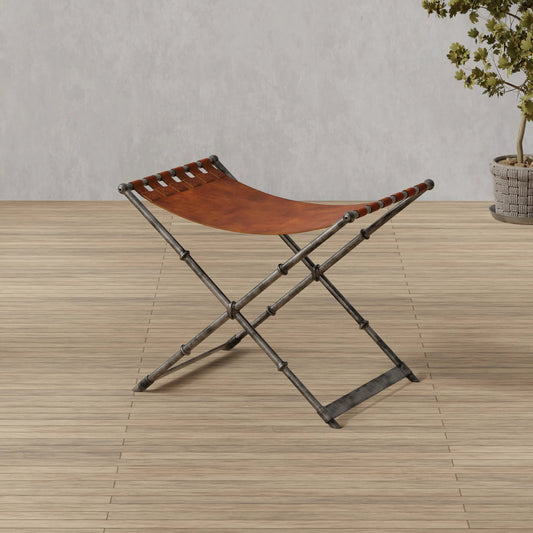 Dalton Equestrian Bench by Sarreid Ltd. in brown. Made from iron, leather, gun metal in a traditional style.