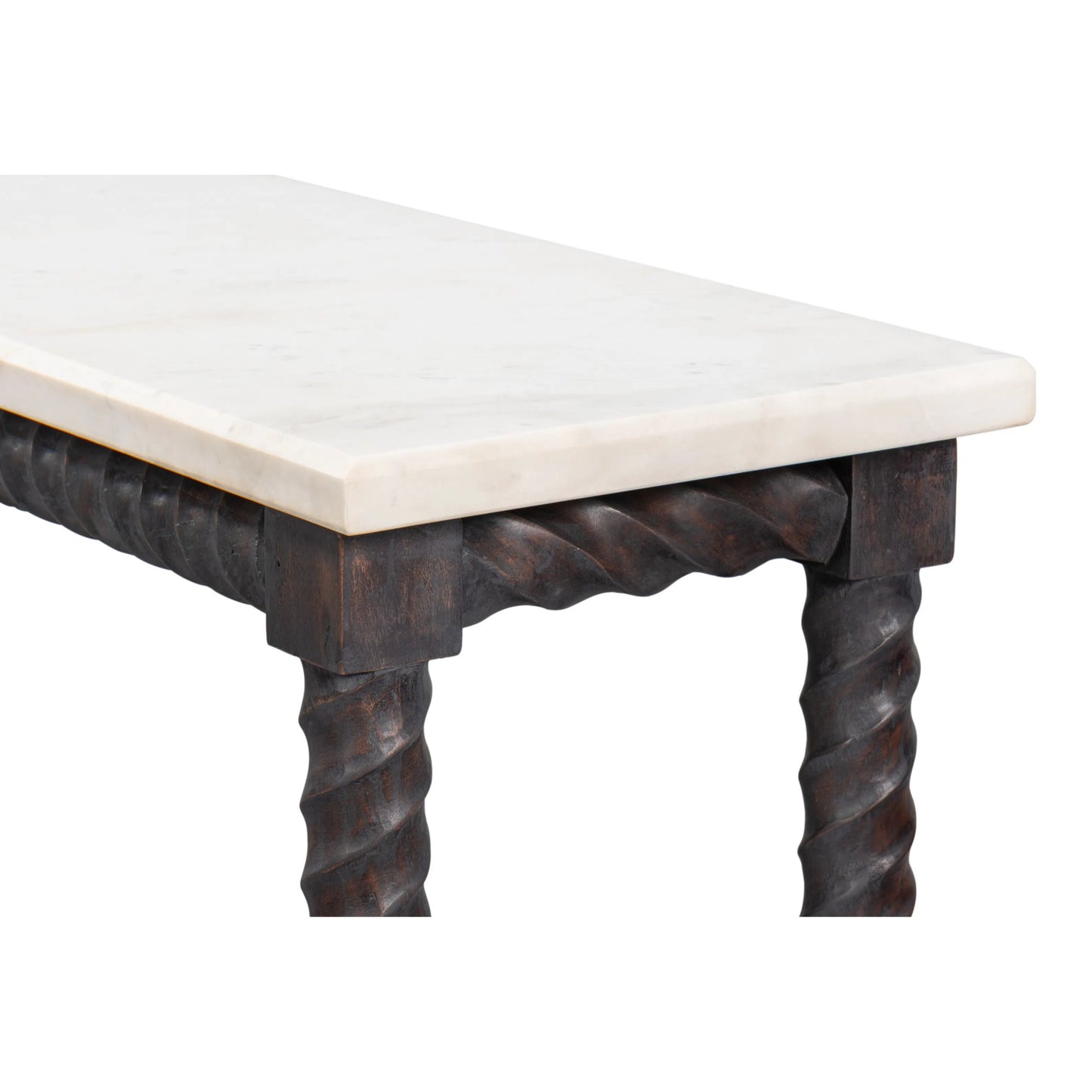 006 SI-2372454 | Closeup | Barley Console Table by Sarreid Ltd. in brown. Made from acacia wood, white banswara marble in a traditional style.