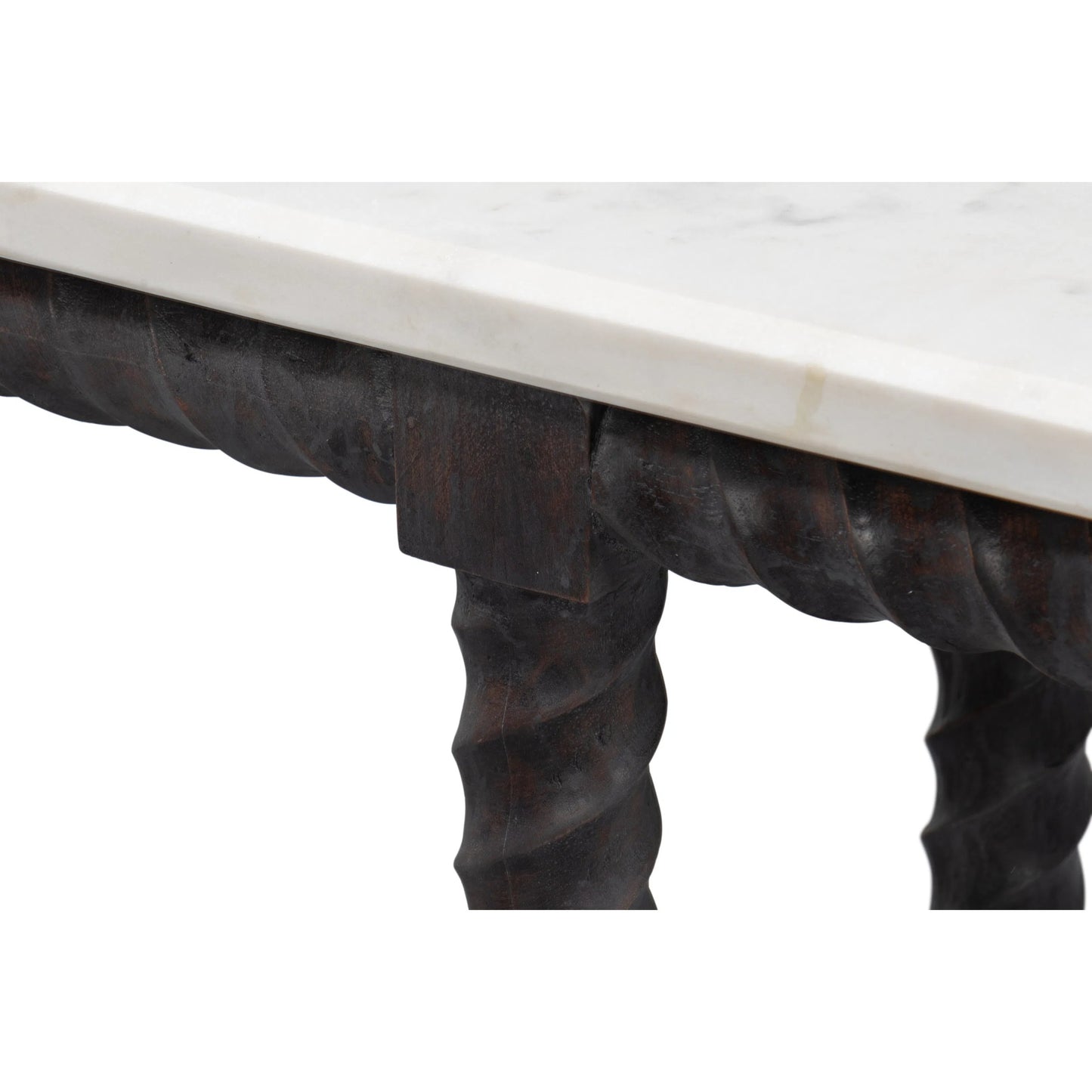 009 SI-2372454 | Closeup | Barley Console Table by Sarreid Ltd. in brown. Made from acacia wood, white banswara marble in a traditional style.
