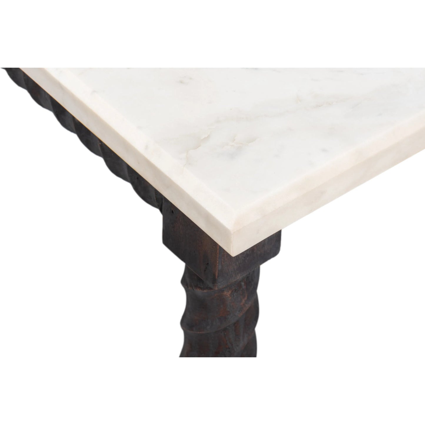 011 SI-2372454 | Closeup | Barley Console Table by Sarreid Ltd. in brown. Made from acacia wood, white banswara marble in a traditional style.