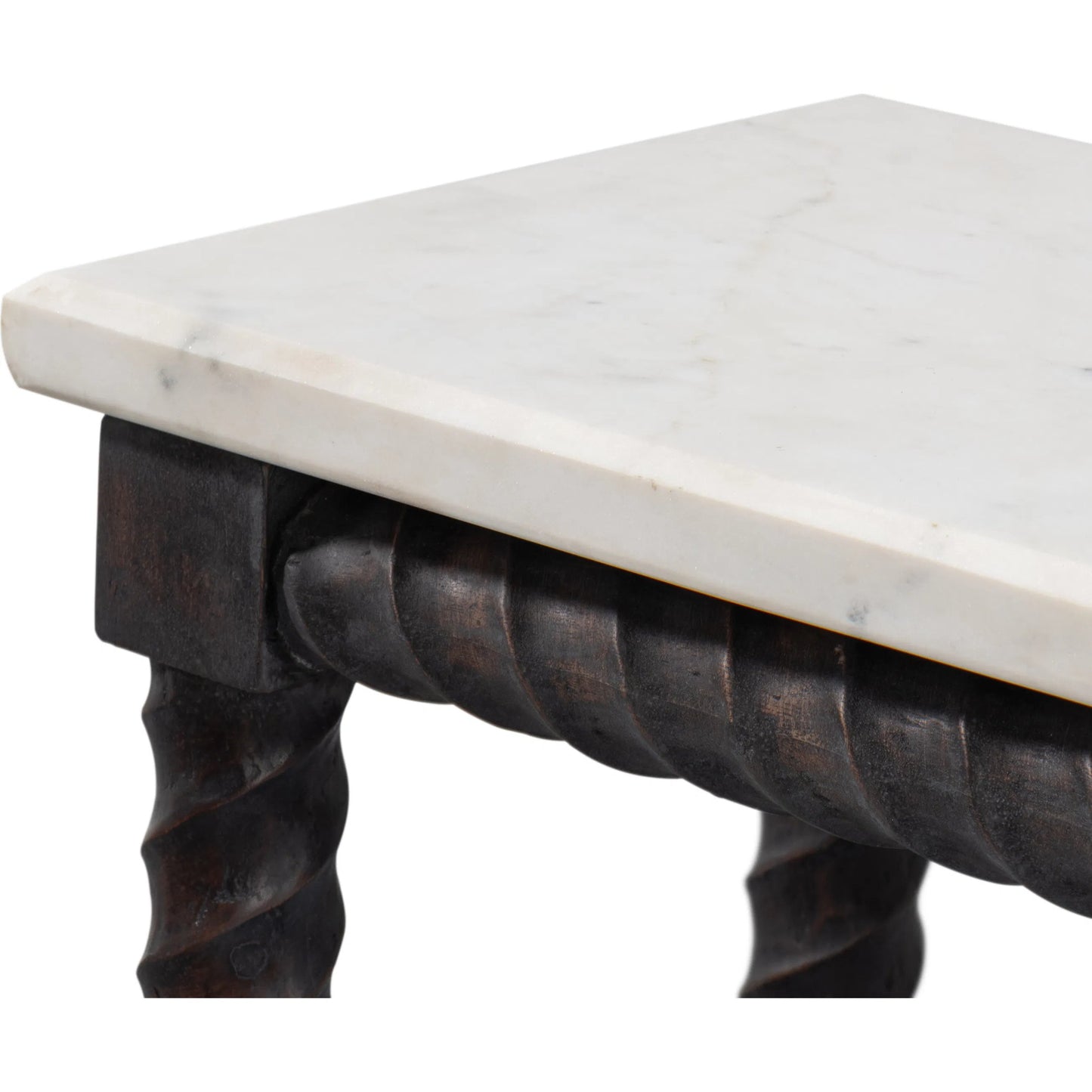 007 SI-2372454 | Closeup | Barley Console Table by Sarreid Ltd. in brown. Made from acacia wood, white banswara marble in a traditional style.