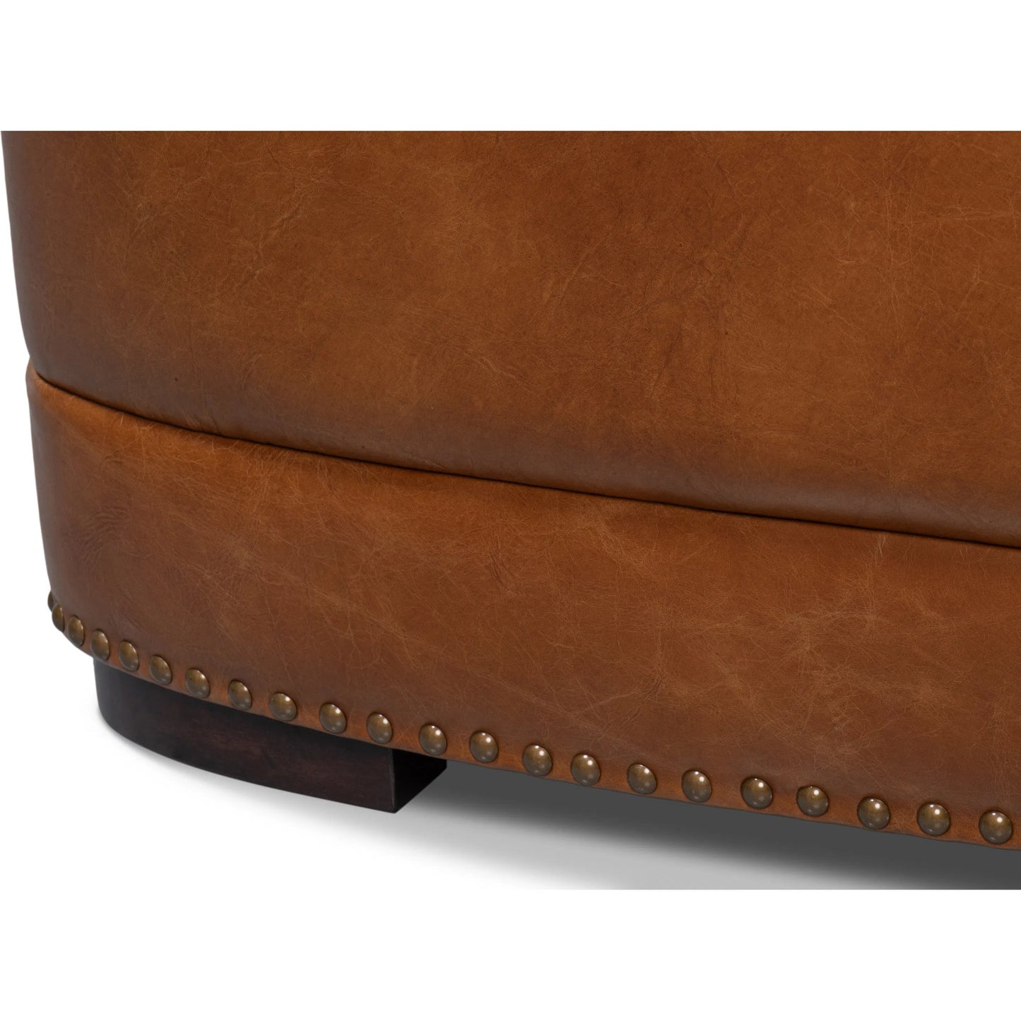 009 SI-2372542 | Closeup | McMillan Distilled Leather Sofa by Sarreid Ltd. in cuba brown. Made from cuba brown leather, wood, antique brass nail head in a unique style.