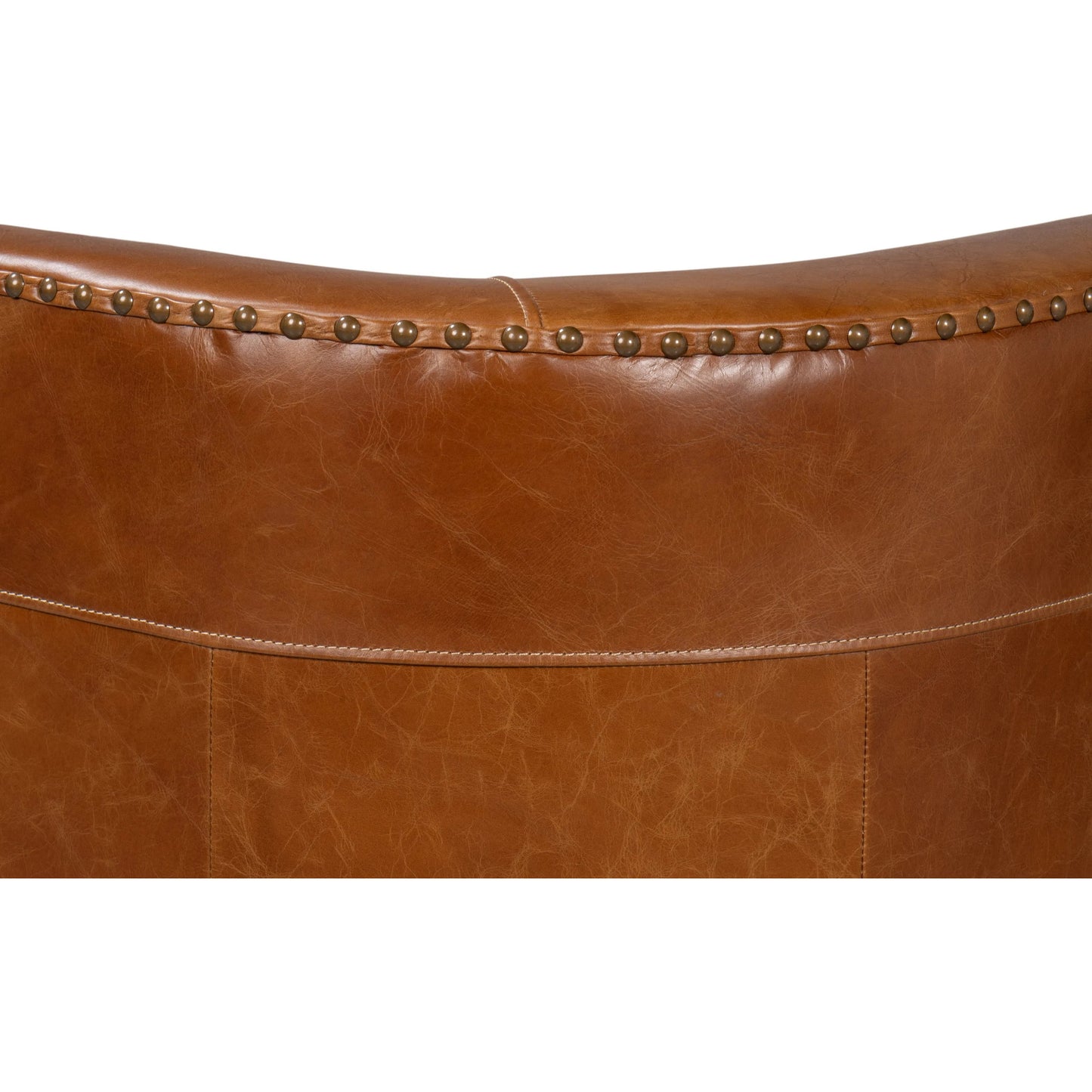 013 SI-2372542 | Closeup | McMillan Distilled Leather Sofa by Sarreid Ltd. in cuba brown. Made from cuba brown leather, wood, antique brass nail head in a unique style.