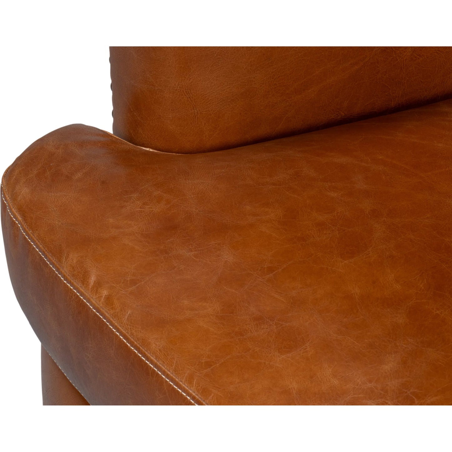 008 SI-2372542 | Closeup | McMillan Distilled Leather Sofa by Sarreid Ltd. in cuba brown. Made from cuba brown leather, wood, antique brass nail head in a unique style.