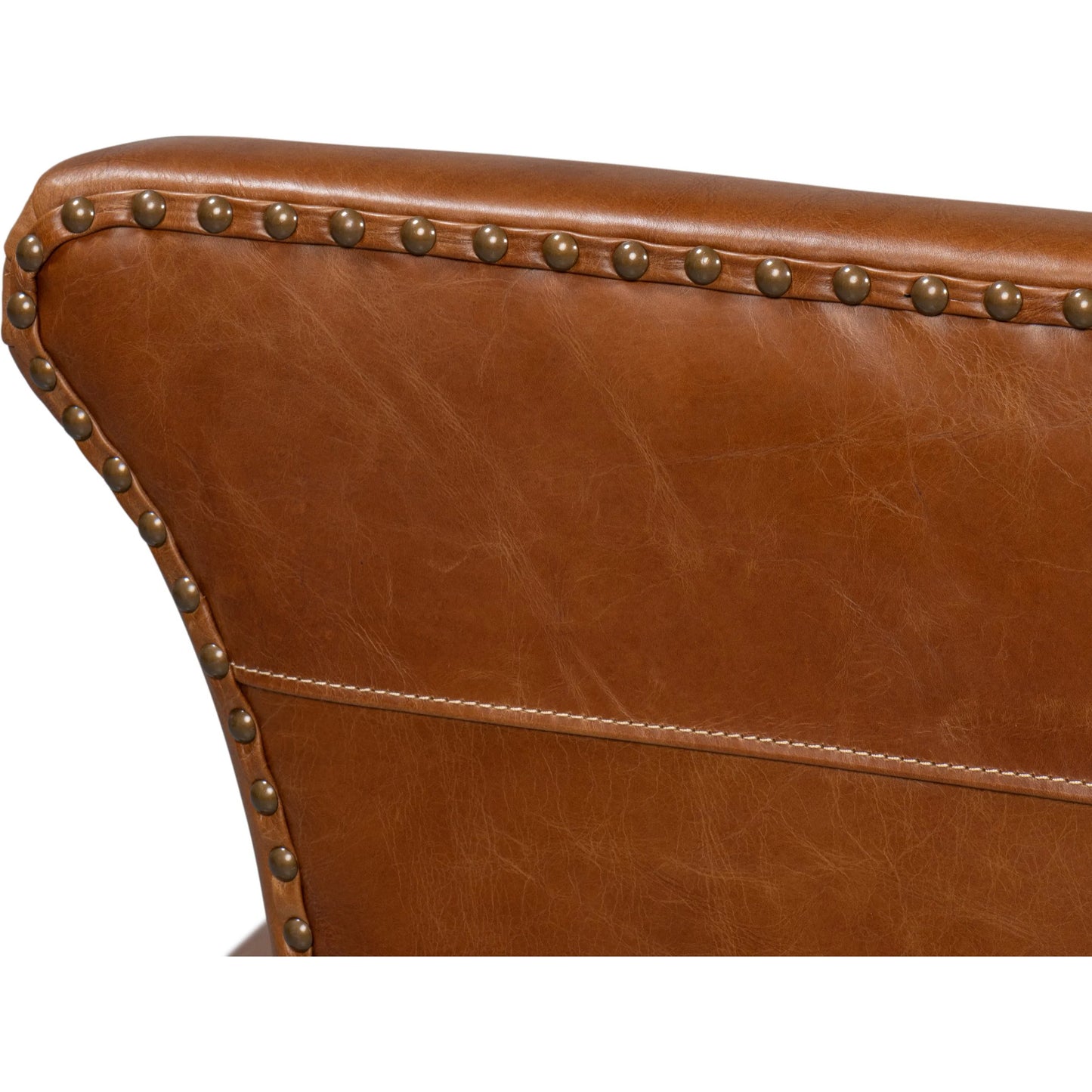 012 SI-2372542 | Closeup | McMillan Distilled Leather Sofa by Sarreid Ltd. in cuba brown. Made from cuba brown leather, wood, antique brass nail head in a unique style.