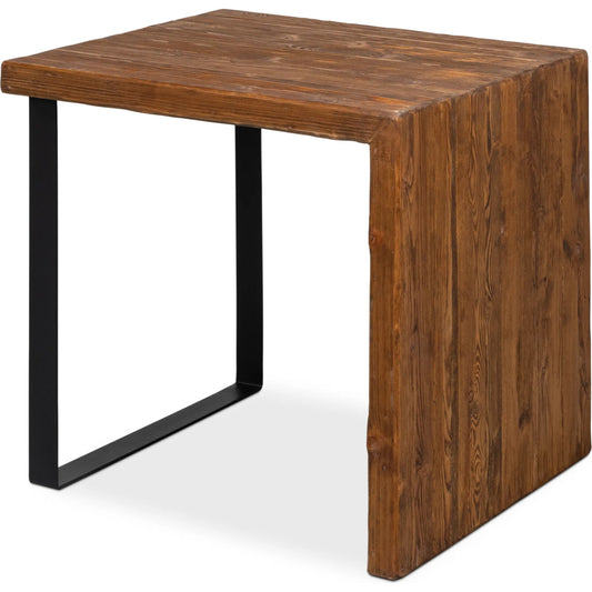Kai Edge Side Table by Sarreid Ltd. in natural aged pine. Made from reclaimed pine,powder coating iron in a modern style.
