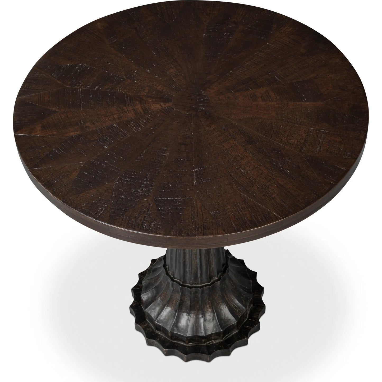 004 SI-2238515 | Additional Silo | Alister Round End Table by Sarreid Ltd. in antique walnut. Made from mango wood, wood on wood inlay top in a unique style.