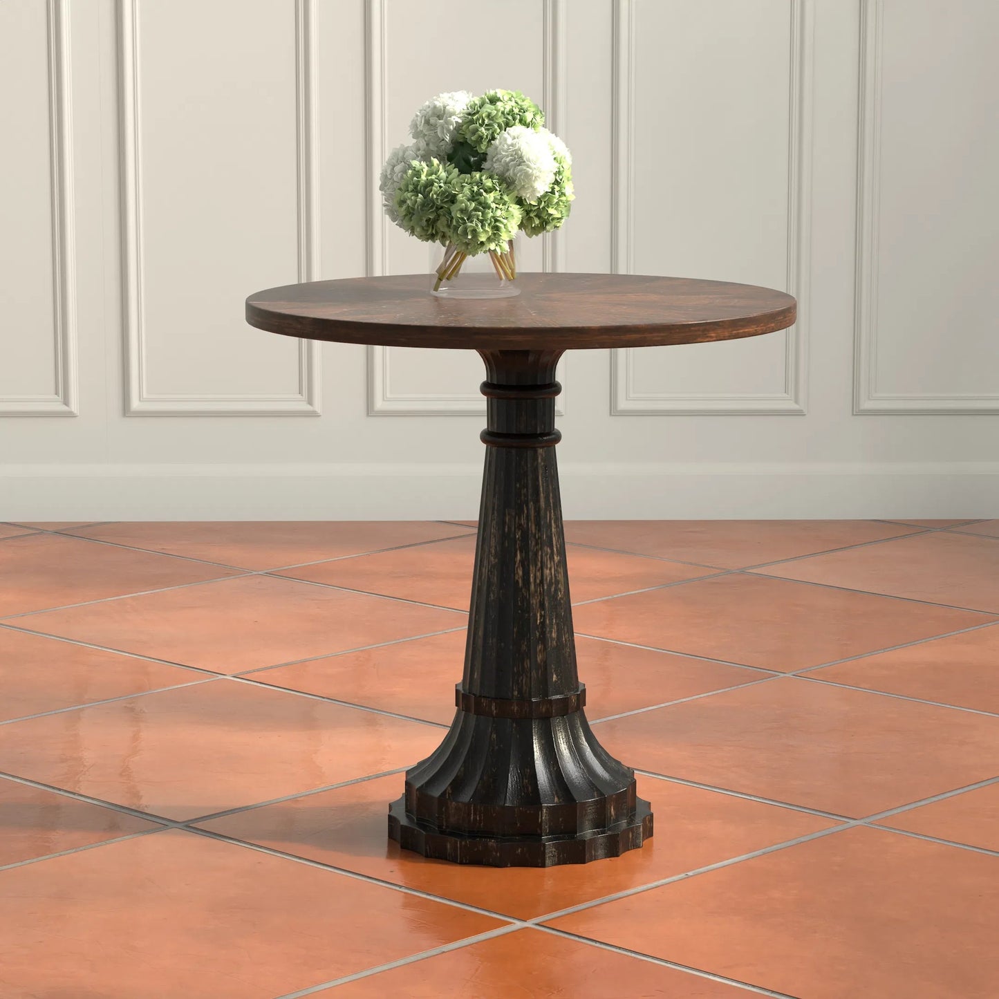 014 SI-2238515 | Lifestyle | Alister Round End Table by Sarreid Ltd. in antique walnut. Made from mango wood, wood on wood inlay top in a unique style.
