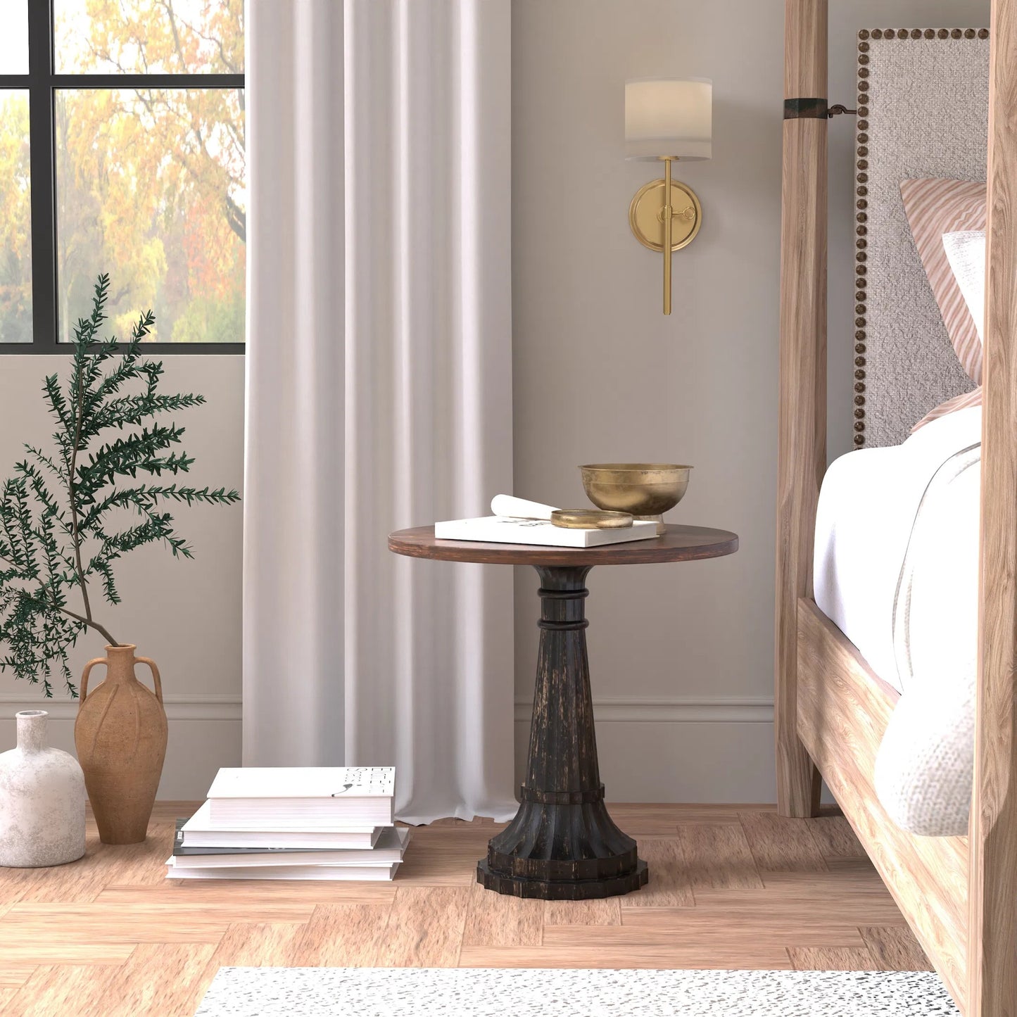 013 SI-2238515 | Lifestyle | Alister Round End Table by Sarreid Ltd. in antique walnut. Made from mango wood, wood on wood inlay top in a unique style.