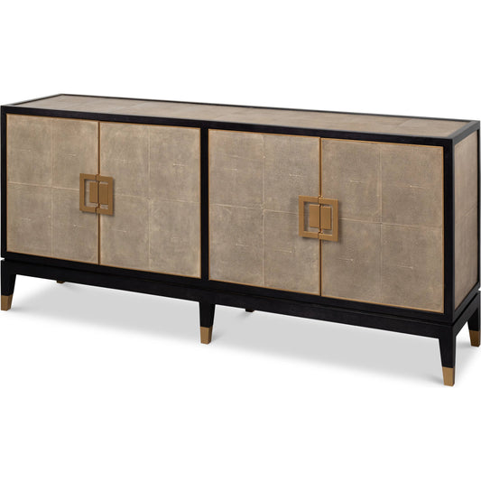 Beto Four Door Sideboard by Sarreid Ltd. in tan. Made from iron, leather, mdf, brass, tawny brown leather in a transitional style.
