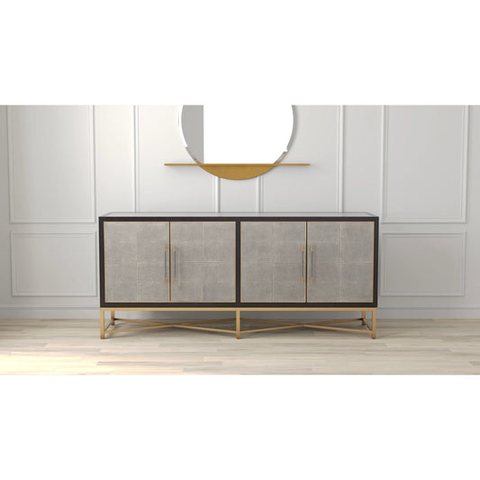 Exavier Four Door Sideboard by Sarreid Ltd. in grey and wood, iron, leather, mdf, antique grey leather. Made from unique in a unique style.