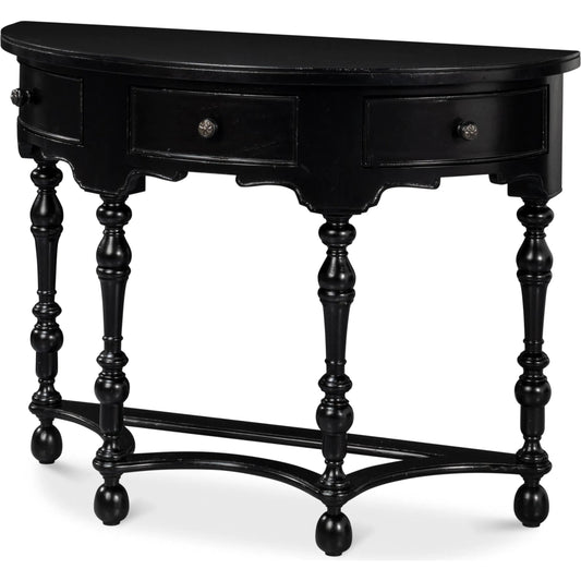 Abraham Half Round Console by Sarreid Ltd. in black. Made from acacia wood in a traditional style.
