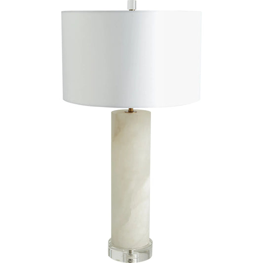 Alabaster Cylinder Table Lamp by Global Views in brass. Made from crystal, metal, alabaster in a coastal style.