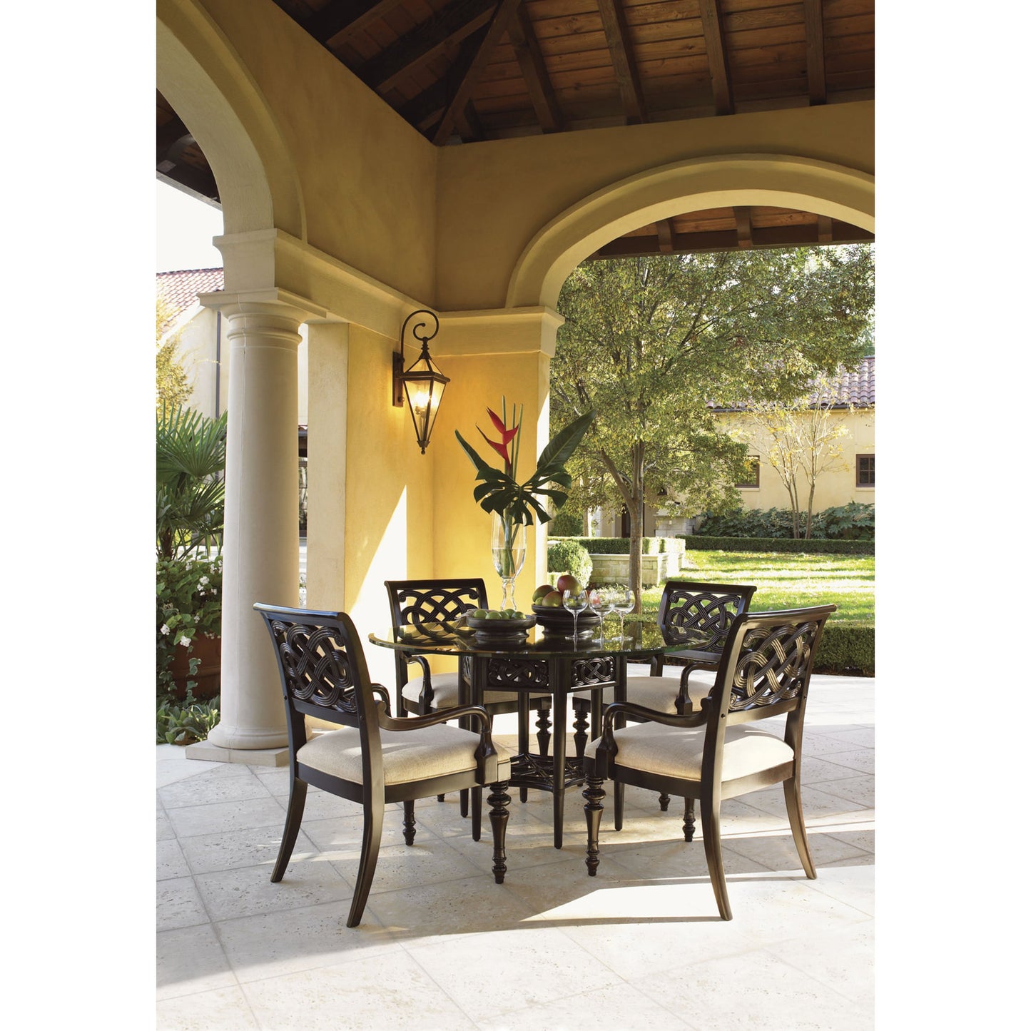 005 SR-836502 | Lifestyle | Sugar and Lace Dining Table by Tommy Bahama Home in ribbon stripe mahogany. Made from unique in a transitional style.