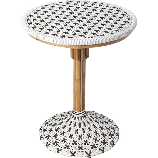 Tenor Bistro Table by Butler Specialty Company in white and black. Made from rattan, plastic weave in a coastal style.