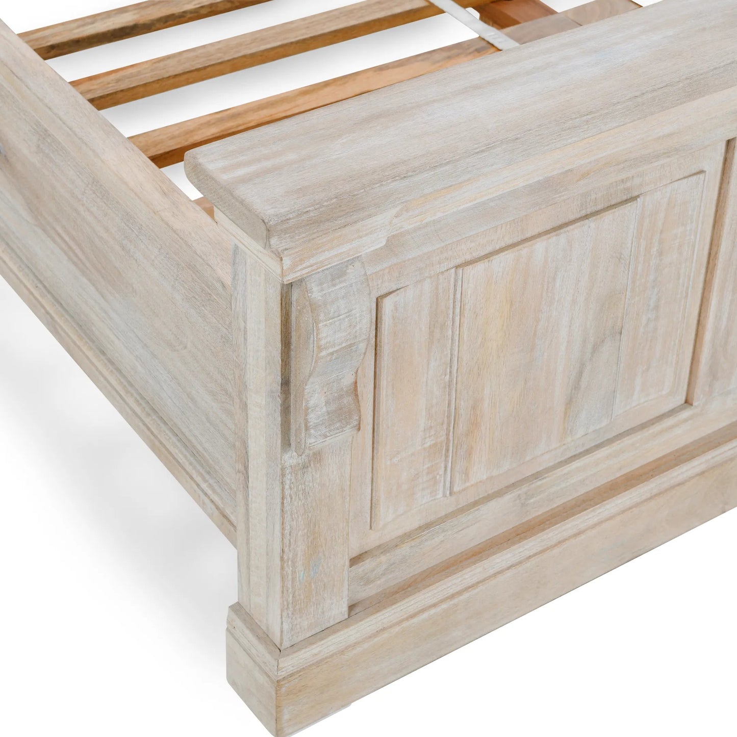 011 SI-2256337,SI-2256338 | Closeup | Adelaide Eastern Mango Wood Bed by Classic Home in white wash. Made from mango wood in a transitional style.