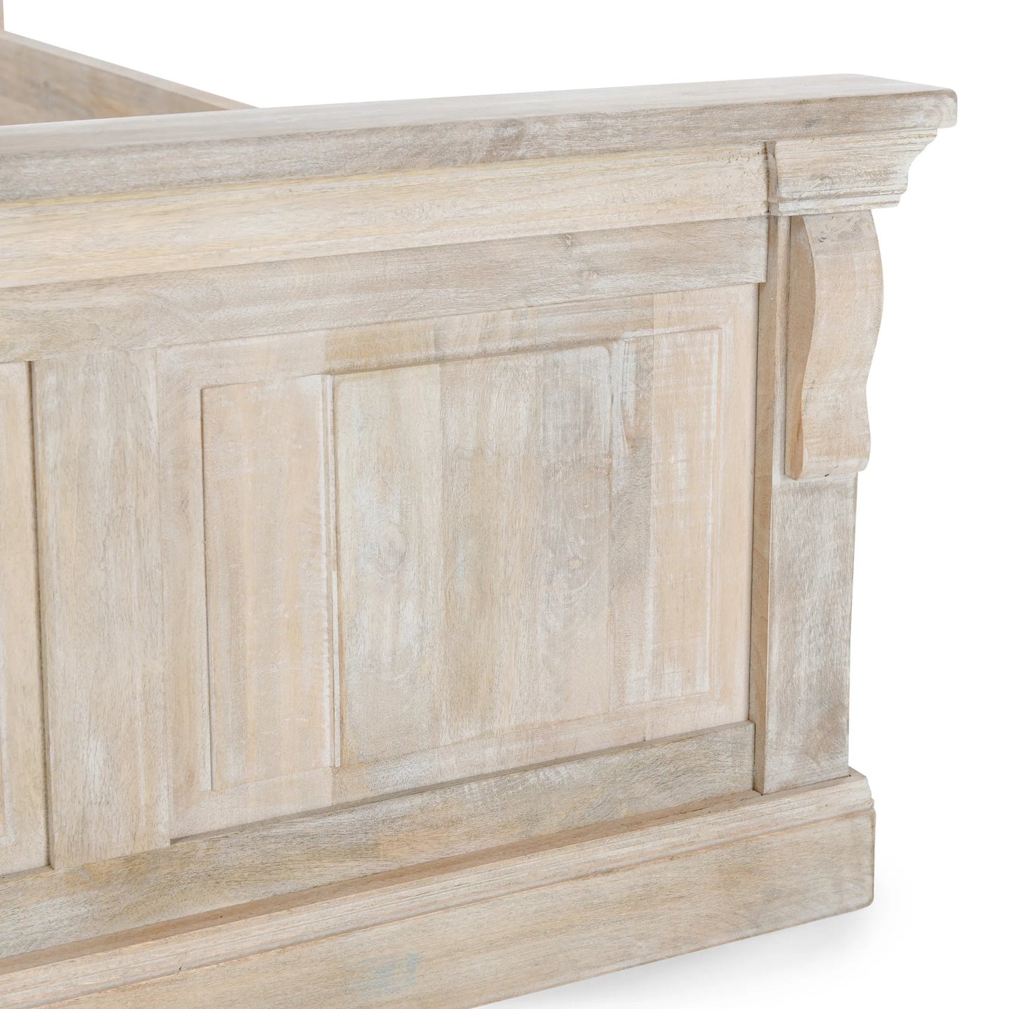 010 SI-2256337,SI-2256338 | Closeup | Adelaide Eastern Mango Wood Bed by Classic Home in white wash. Made from mango wood in a transitional style.