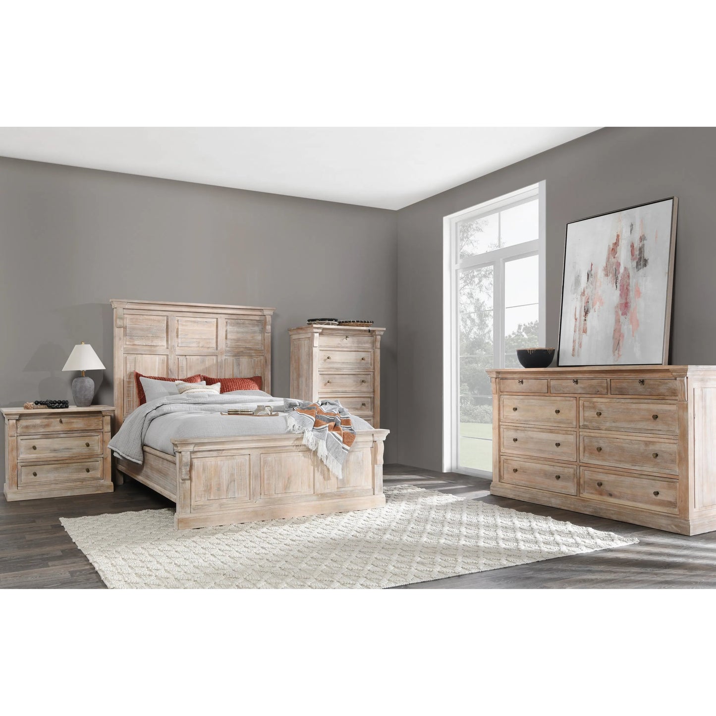 017 SI-2256337,SI-2256338 | Lifestyle | Adelaide Eastern Mango Wood Bed by Classic Home in white wash. Made from mango wood in a transitional style.