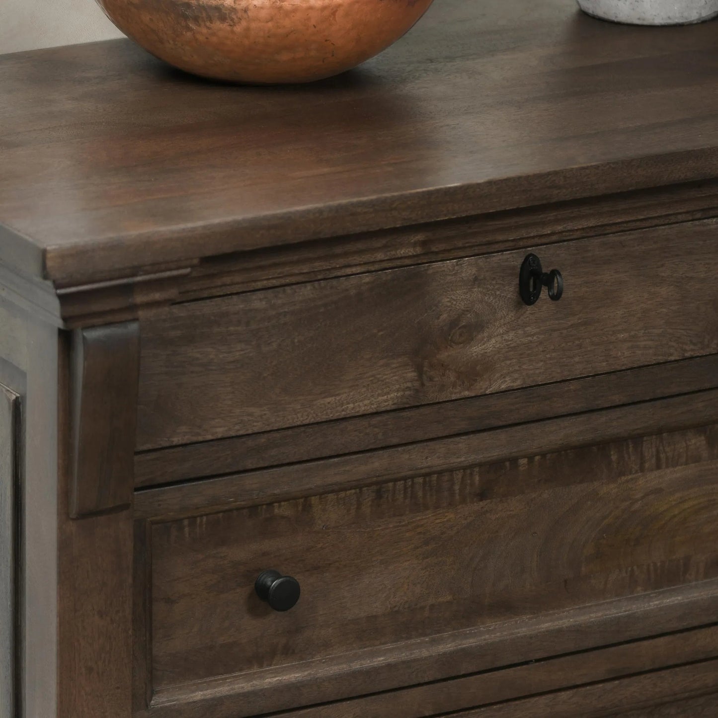 010 SI-2238942 | Closeup | Adelaide Three-Drawer Mango Wood Nightstand by Classic Home in cocoa brown. Made from mango wood in a traditional style.